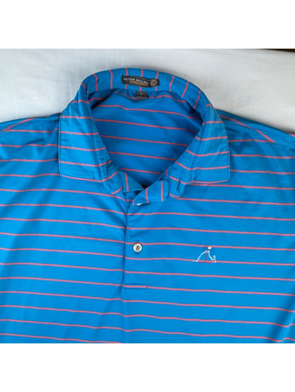 Peter Millar Summer Comfort Blue Red Striped Polo Shirt Large Mens GOLF